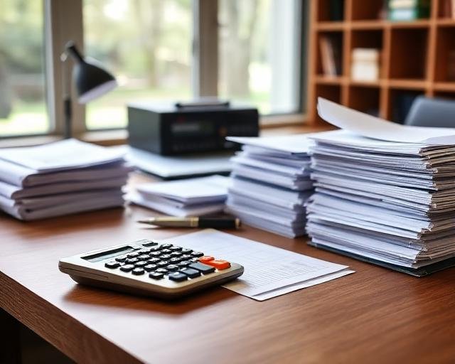 Accounting desk with calculator and documents