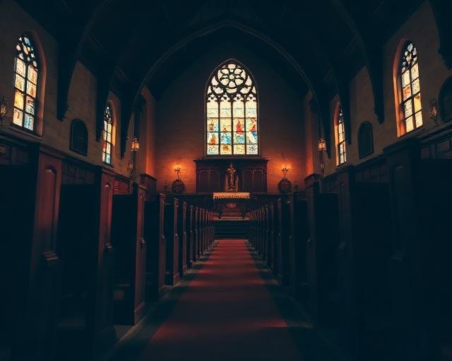 Church sanctuary interior with wooden pews