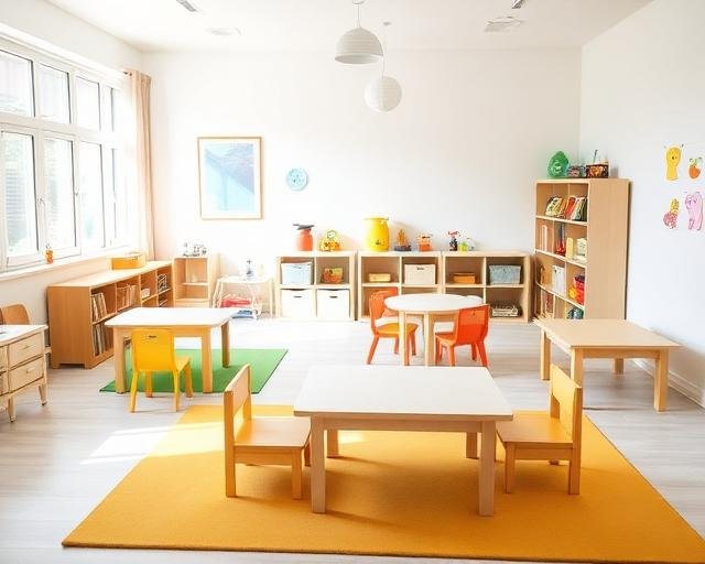 Tidy daycare classroom with small tables