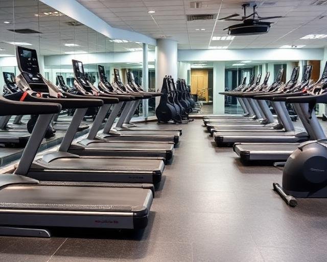 Fitness center floor with treadmills and mirrors