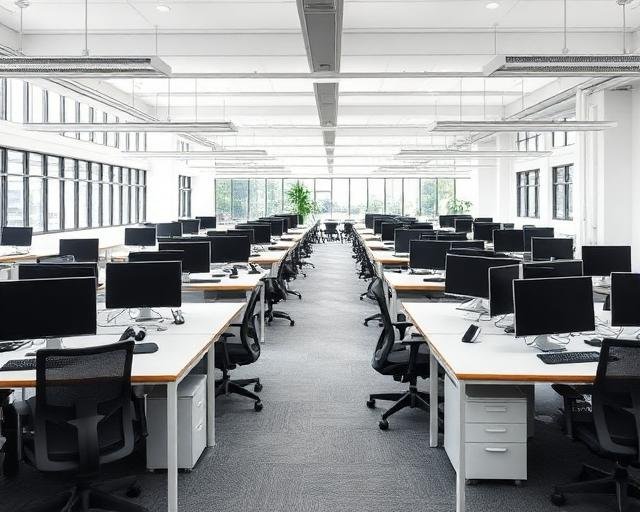 Open plan office with desks and monitors