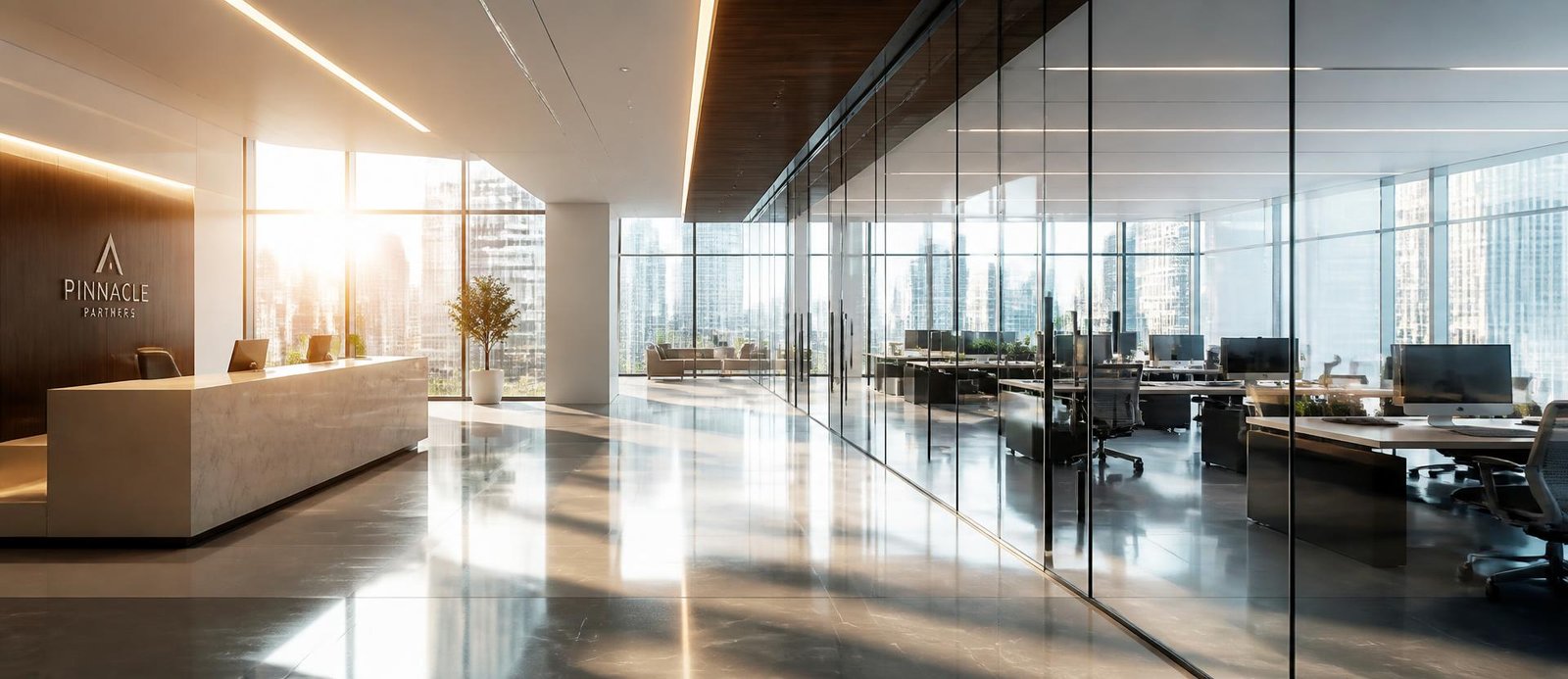 Sunlight reflecting off spotless glass walls in a professionally cleaned office
