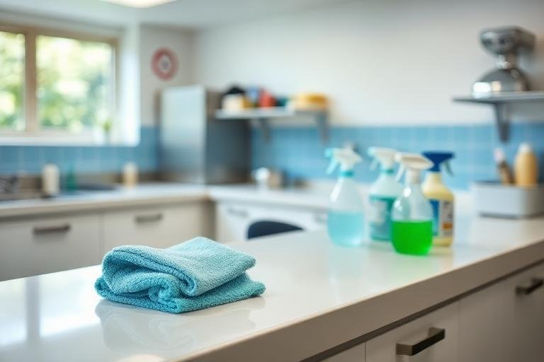Deep cleaning supplies and microfiber cloths on a spotless counter