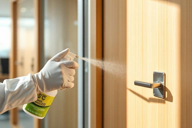 Disinfectant being sprayed on an office door handle