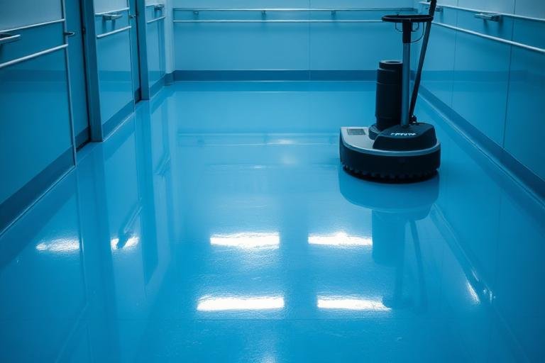 Glossy waxed commercial floor with a floor buffing machine