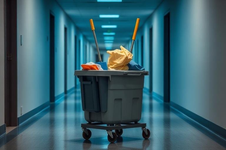 Janitorial cleaning cart with supplies in an office corridor