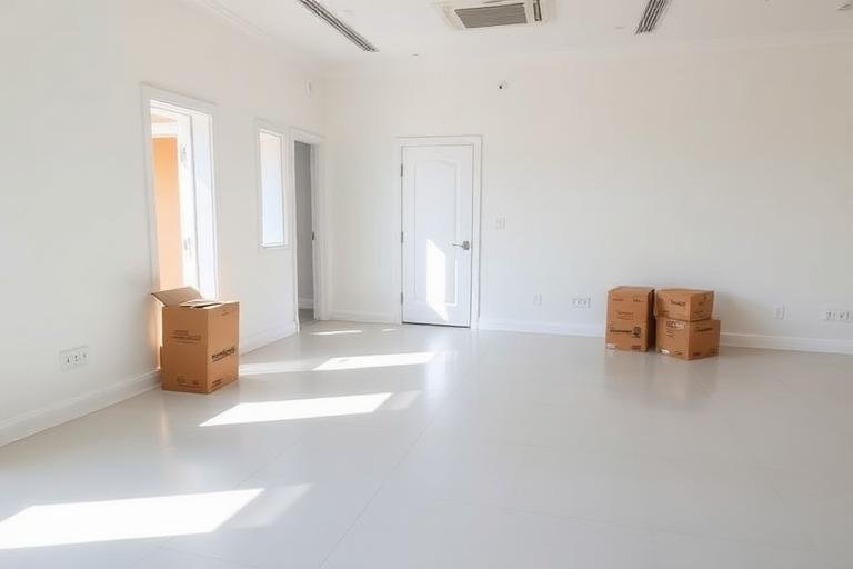 Empty vacated space with spotless floors and moving boxes