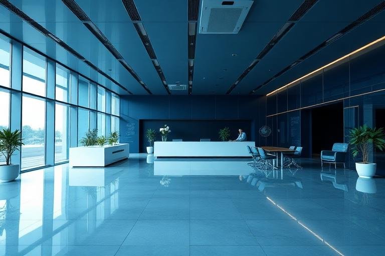 Clean corporate office reception area with polished floors