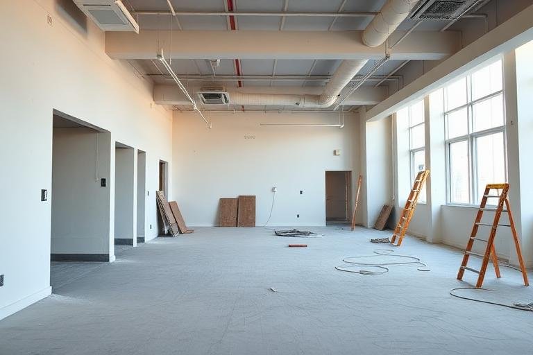 Newly finished commercial interior being cleaned after construction